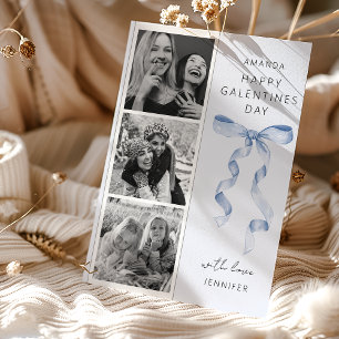 Trendy Blue Bow 3 Photo Galentines Day Card