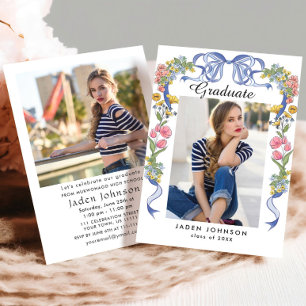 Trendy Blue Bow Coquette 2 PHOTO Graduation Party Invitation