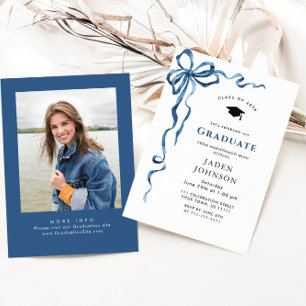 Trendy Blue Bow Coquette PHOTO Graduation Party Invitation