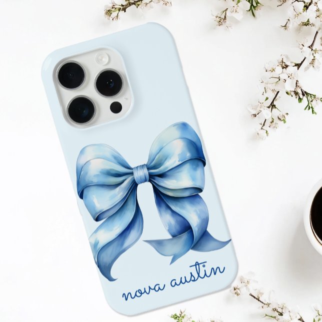 Trendy Blue Bow Personalised With Name Monogram Case-Mate iPhone Case (Creator Uploaded)