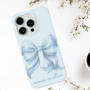 Trendy Blue Bow Personalised With Name Monogram iPhone 15 Pro Case