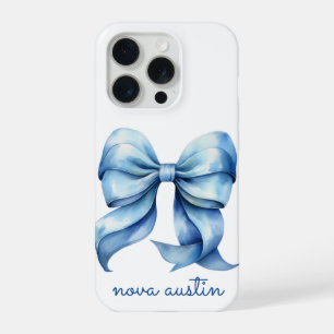 Trendy Blue Bow Personalised With Name Monogram iPhone 15 Pro Case