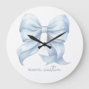 Trendy Blue Bow Personalised With Name Monogram Large Clock