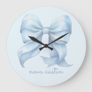 Trendy Blue Bow Personalised With Name Monogram Large Clock