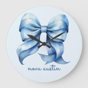 Trendy Blue Bow Personalised With Name Monogram Large Clock
