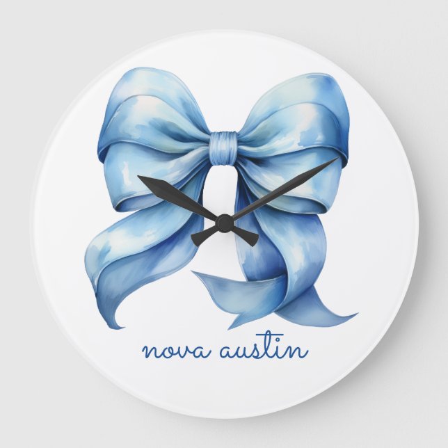 Trendy Blue Bow Personalised With Name Monogram Large Clock (Front)