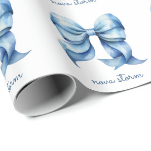 Trendy Blue Bow Personalised With Name Monogram Wrapping Paper