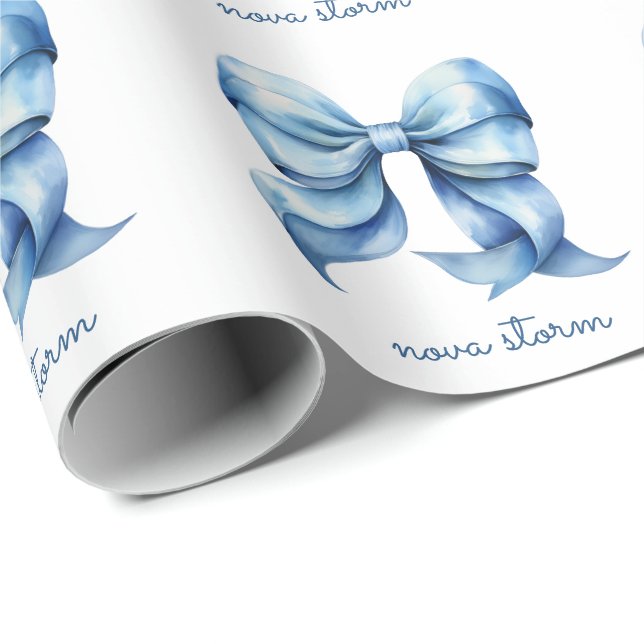 Trendy Blue Bow Personalised With Name Monogram Wrapping Paper (Roll Corner)