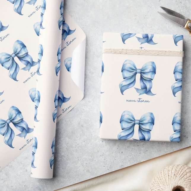 Trendy Blue Bow Personalised With Name Monogram Wrapping Paper (Creator Uploaded)