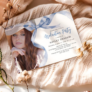 Trendy Blue Bow Photo Graduation Party Invitation