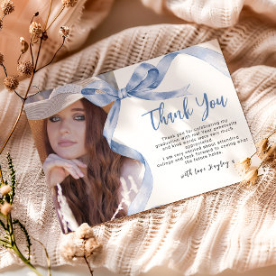 Trendy Blue Bow Photo Graduation Thank You Card