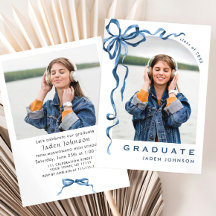 Trendy Blue Bow Ribbon 2 PHOTO Graduation Party