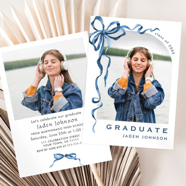 Trendy Blue Bow Ribbon 2 PHOTO Graduation Party Invitation (Creator Uploaded)