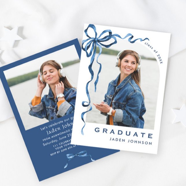 Trendy Blue Bow Ribbon 2 PHOTO Graduation Party Invitation (Creator Uploaded)
