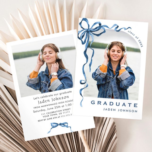 Trendy Blue Bow Ribbon 2 PHOTO Graduation Party Invitation (Creator Uploaded)