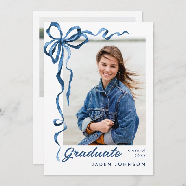 Trendy Blue Bow Ribbon 2 PHOTO Graduation Party Invitation (Front/Back)