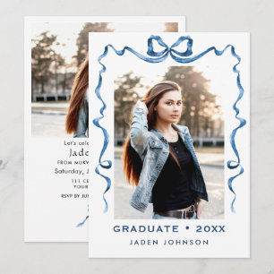 Trendy Blue Bow Ribbon 2 PHOTO Graduation Party Invitation