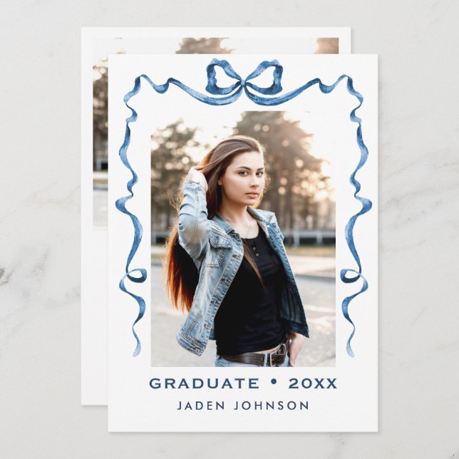 Trendy Blue Bow Ribbon 2 PHOTO Graduation Party Invitation (Front/Back)
