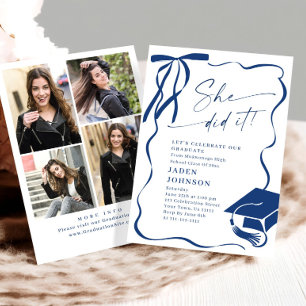 Trendy Blue Bow Ribbon 4 PHOTO Graduation Party Invitation
