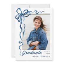 Trendy Blue Bow Ribbon 4 PHOTO Graduation Party