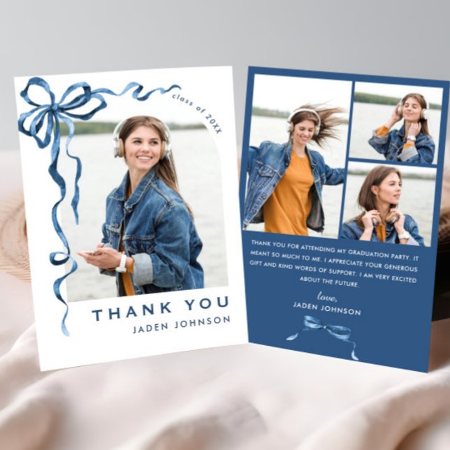 Trendy Blue Bow Ribbon 4 PHOTO Graduation Thank You Card (Creator Uploaded)