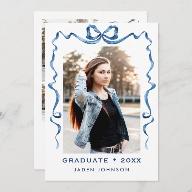 Trendy Blue Bow Ribbon 5 PHOTO Graduation Party Invitation (Front/Back)