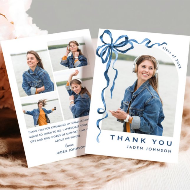 Trendy Blue Bow Ribbon 5 PHOTO Graduation Thank You Card (Creator Uploaded)