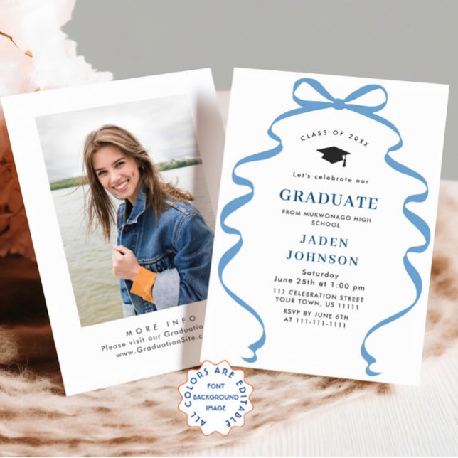 Trendy Blue Bow Ribbon PHOTO Graduation Party Invitation (Creator Uploaded)