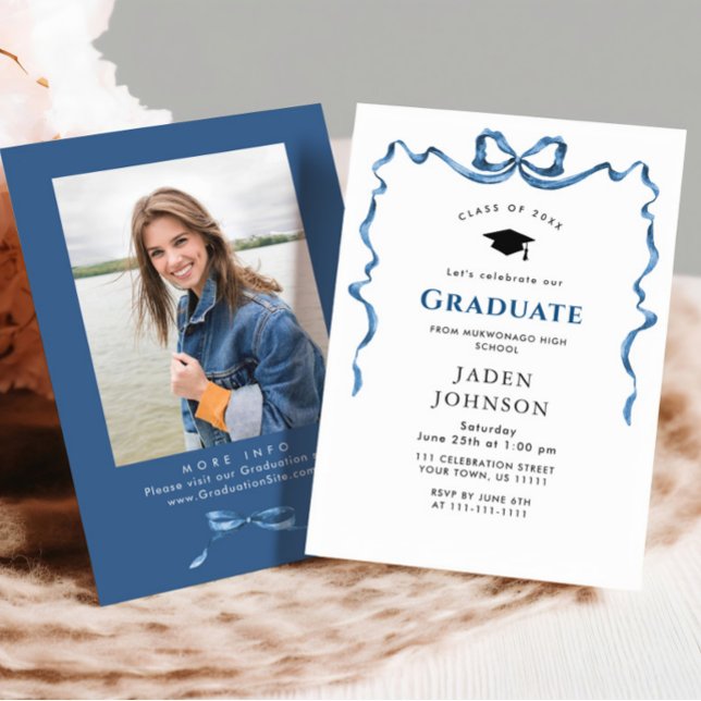 Trendy Blue Bow Ribbon PHOTO Graduation Party Invitation (Creator Uploaded)
