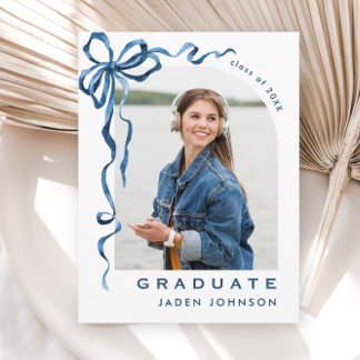 Trendy Blue Bow Ribbon PHOTO Graduation Party Postcard