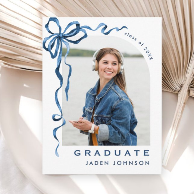Trendy Blue Bow Ribbon PHOTO Graduation Party Postcard (Creator Uploaded)