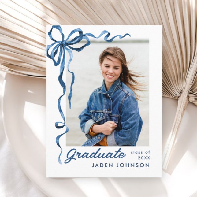 Trendy Blue Bow Ribbon PHOTO Graduation Party Postcard (Creator Uploaded)