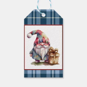 Trendy Blue Buffalo Plaid Watercolor Gnome Holiday Gift Tags