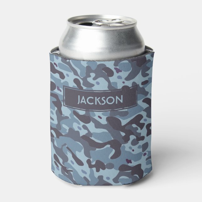 Trendy blue camouflage pattern with name can cooler (Can Front)