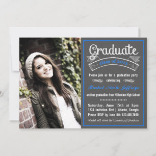 Trendy Blue Chalkboard Typography Graduation Invitation
