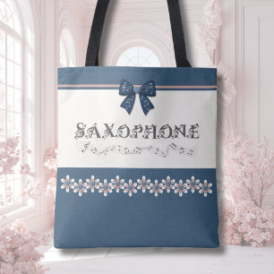 Trendy Blue Coquette Bow Saxophone Music Tote Bag