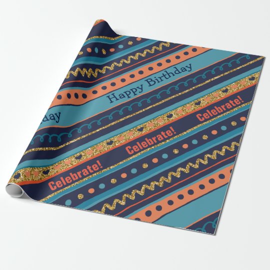 Trendy Blue, Coral & Faux Gold Glitter Stripes