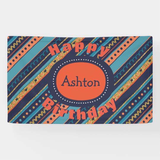 Trendy Blue, Coral & Faux Gold Stripes with text Banner