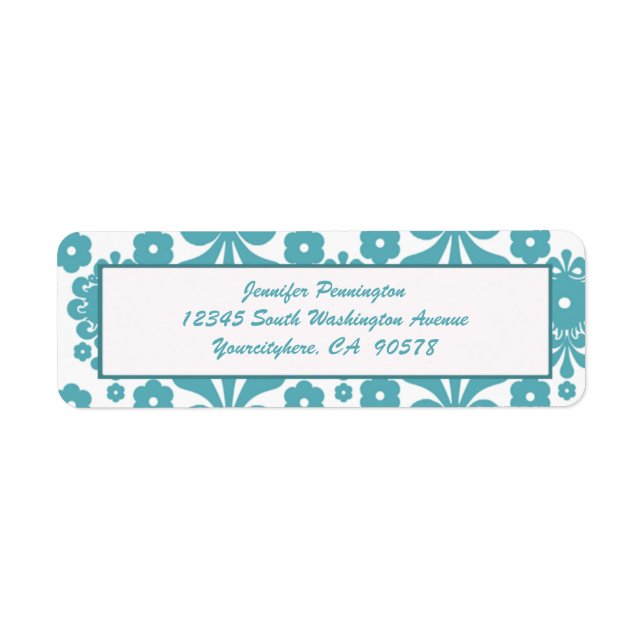 Trendy blue damask return address envelope labels (Front)