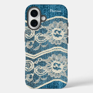 Trendy Blue Denim & White Lace  iPhone 16 Case