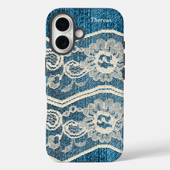 Trendy Blue Denim & White Lace  Case-Mate iPhone Case (Back)