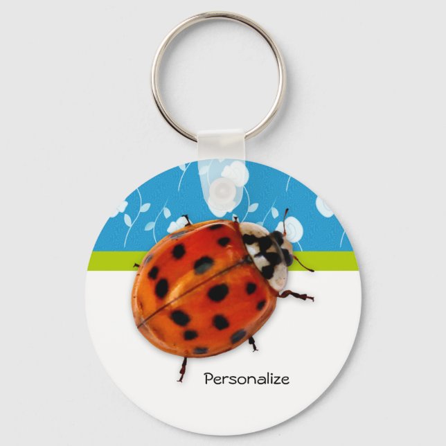 Trendy Blue Floral Ladybug With Name Key Ring (Front)