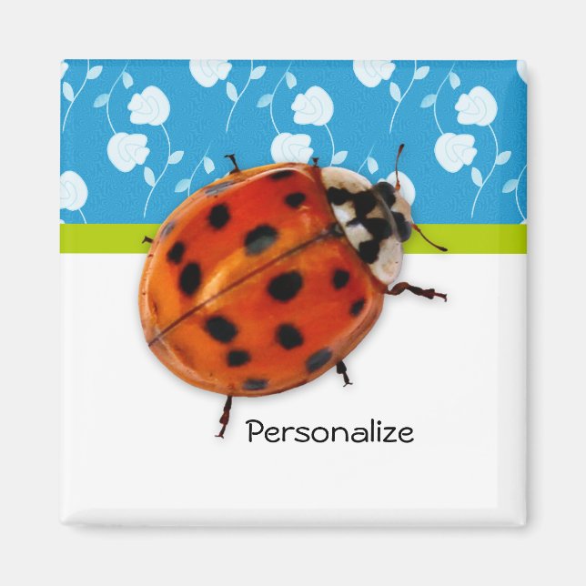 Trendy Blue Floral Ladybug With Name Magnet (Front)