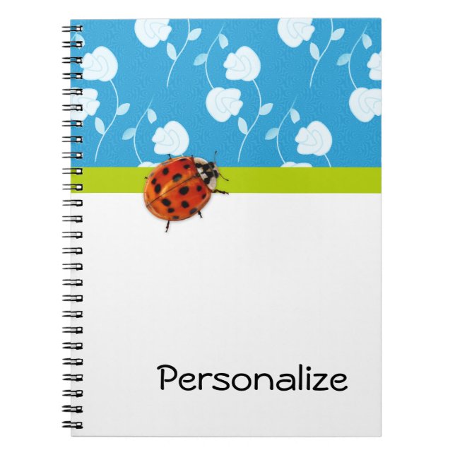 Trendy Blue Floral Ladybug With Name Notebook (Front)