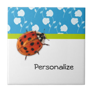 Trendy Blue Floral Ladybug With Name Tile