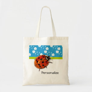 Trendy Blue Floral Ladybug With Name Tote Bag