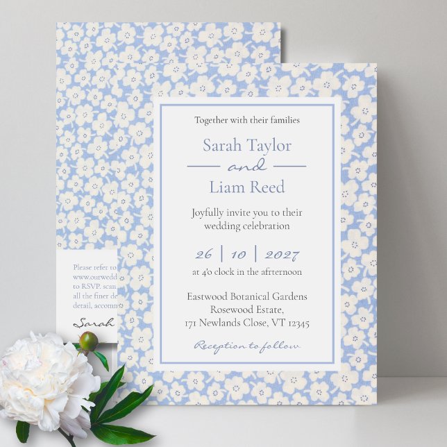 Trendy Blue Floral Wedding Invitation & RSVP (Creator Uploaded)