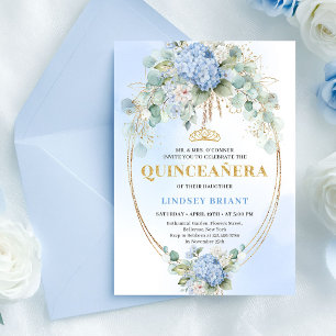 Trendy Blue Flowers Eucalyptus Quinceañera Invite