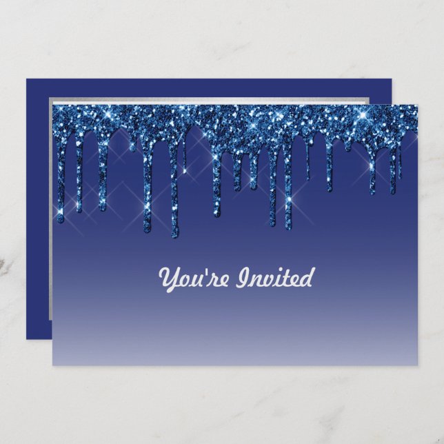 Trendy Blue Glitter Drips Birthday Invitation (Front/Back)