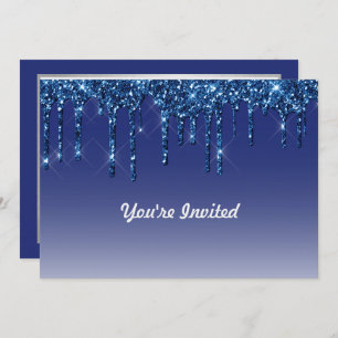 Trendy Blue Glitter Drips Birthday Invitation